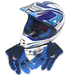 Fly Lite Motocross Helmet(XXL) + Gloves(XXXL-Adult 13) 2-Tone Blue & White Gloss